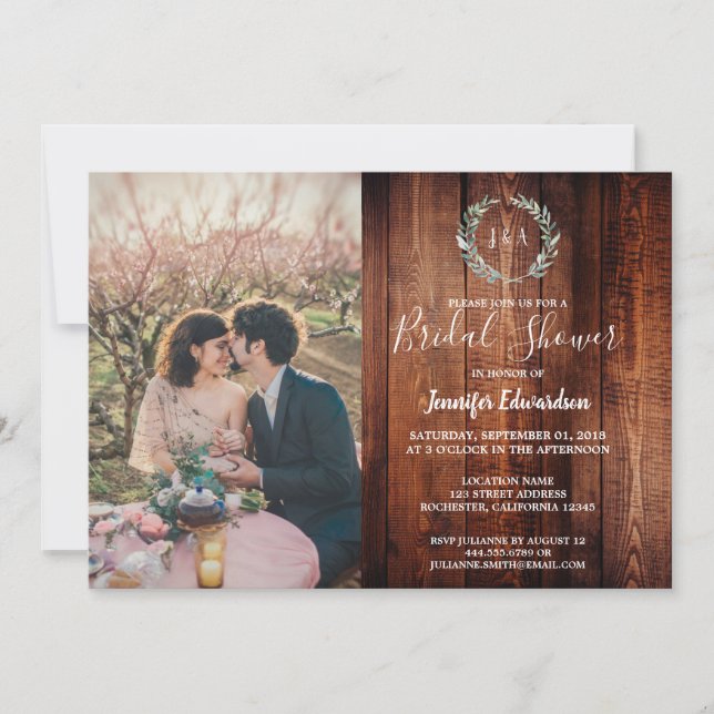 Invitación Hojas rusas en monograma de madera. Foto de Bridal (Anverso)