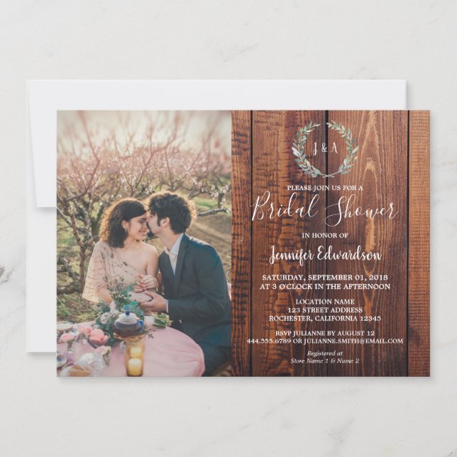 Invitación Hojas rusas en monograma de madera. Foto de Bridal (Anverso)