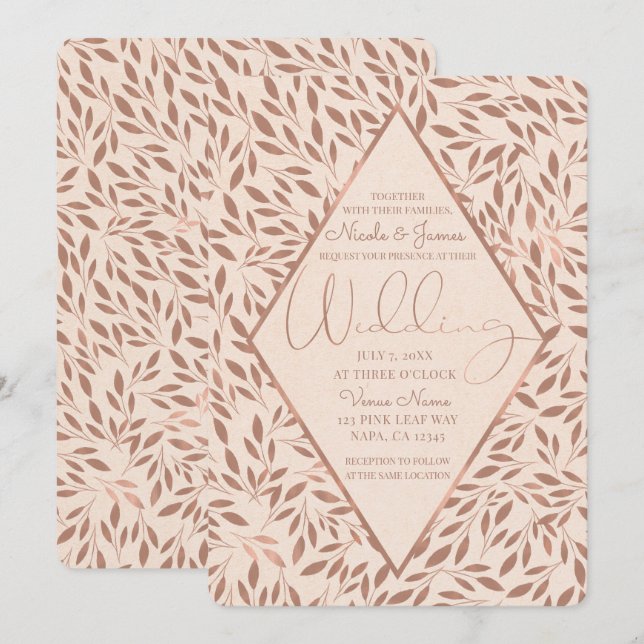 Invitación Hojas Rústicas Rosadas Botánico Glam Boda (Anverso / Reverso)