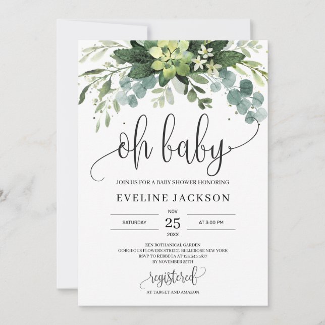 Invitación Hojas suculentas bohemias florales oh ducha de beb (Anverso)