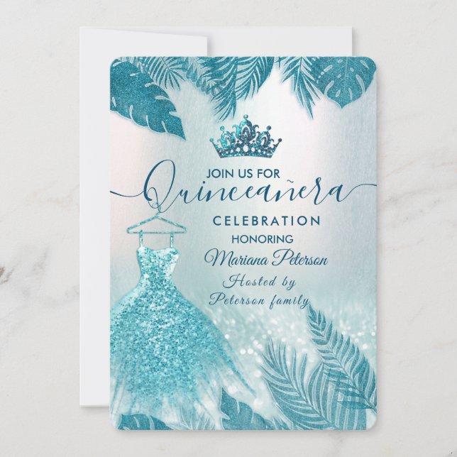 Invitación Hojas tropicales azules purpurina tiara Quinceañer (Anverso)