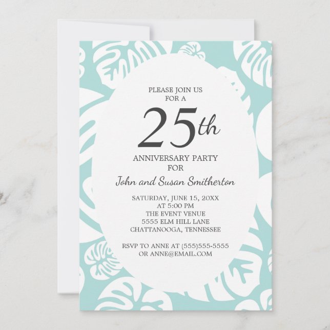 Invitación Hojas Tropicales Blancas Azules Suaves 25 Aniversa (Anverso)