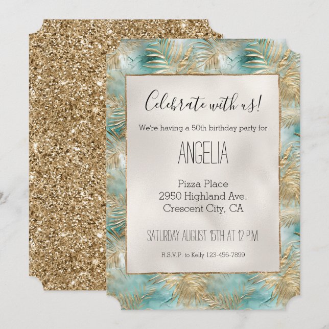Invitación Hojas tropicales blancas de oro Aqua (Anverso / Reverso)