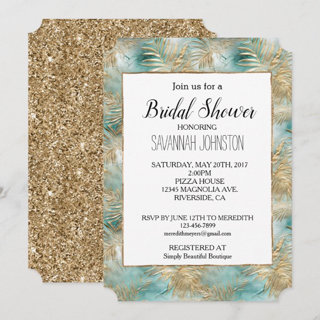 Invitación Hojas tropicales blancas de oro Aqua (Anverso / Reverso)