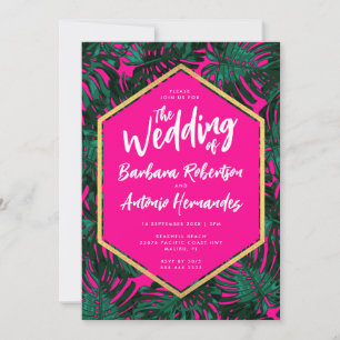Invitación Hojas tropicales Boda verde rosado caliente