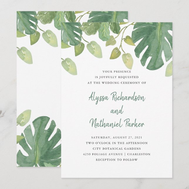 Invitación Hojas tropicales | Boda verde y blanco (Anverso / Reverso)