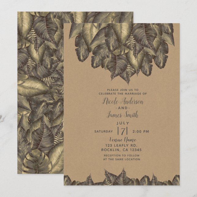 Invitación Hojas Tropicales Botánicas Rústicas Boda Vintage (Anverso / Reverso)
