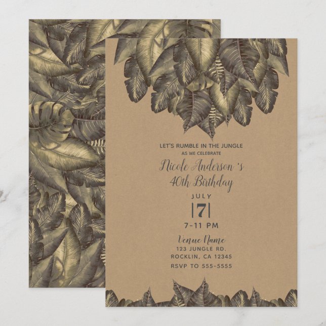 Invitación Hojas Tropicales Botánicas Rústicas Cumpleaños Vin (Anverso / Reverso)