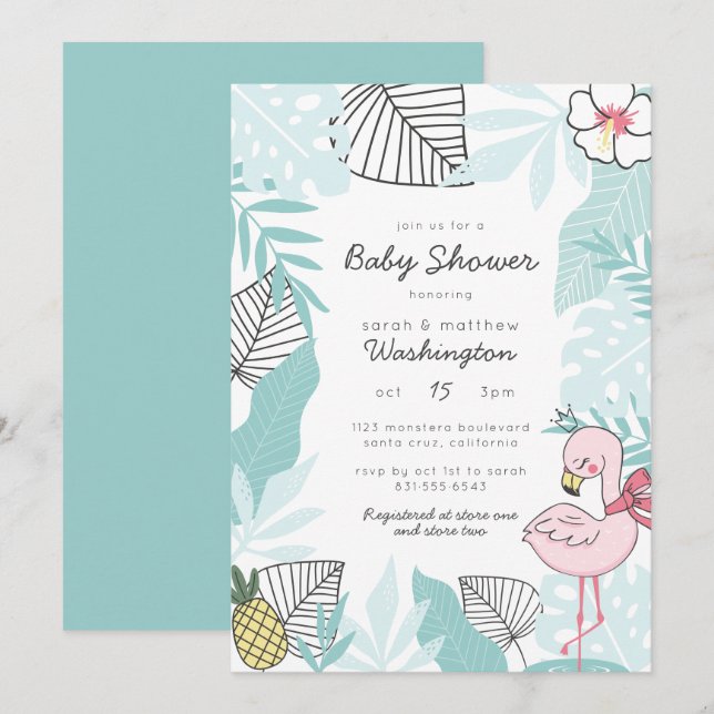 Invitación Hojas tropicales cortas | Flamingo Baby Shower (Anverso / Reverso)