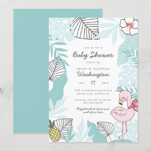 Invitación Hojas tropicales cortas Flamingo Baby Shower