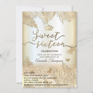 Invitación Hojas tropicales de oro purpurina mariposa tiara