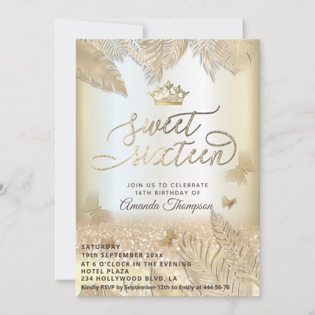 Invitación Hojas tropicales de oro purpurina mariposa tiara (Anverso)
