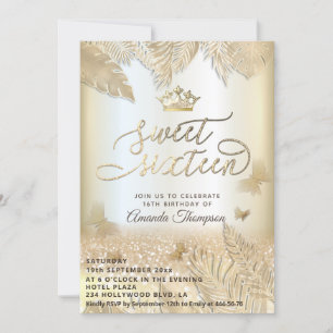Invitación Hojas tropicales de oro purpurina mariposa tiara
