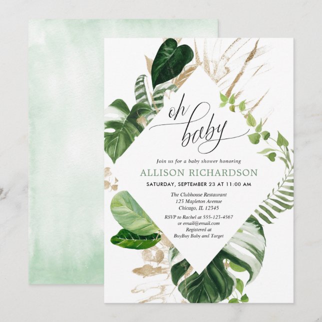 Invitación Hojas tropicales de palma verde dorado ducha bebé (Anverso / Reverso)