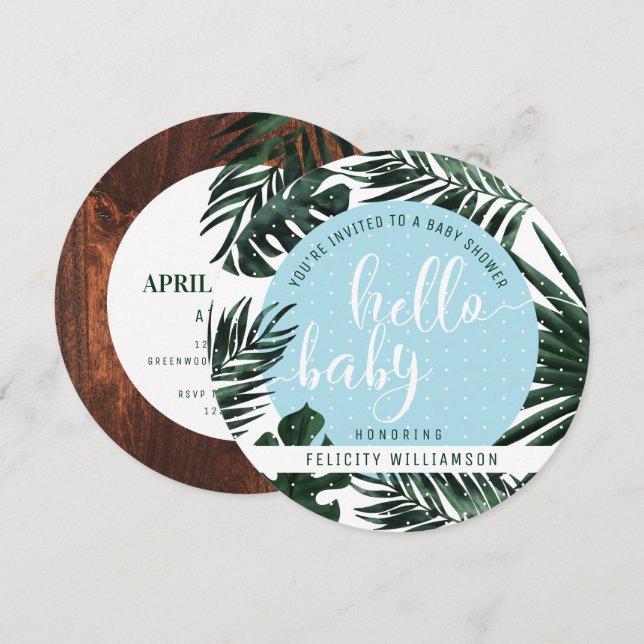 Invitación Hojas tropicales de palmeras y Baby Shower de Wood (Anverso / Reverso)