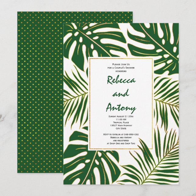 Invitación Hojas tropicales de parejas bodas modernas ducha (Anverso / Reverso)