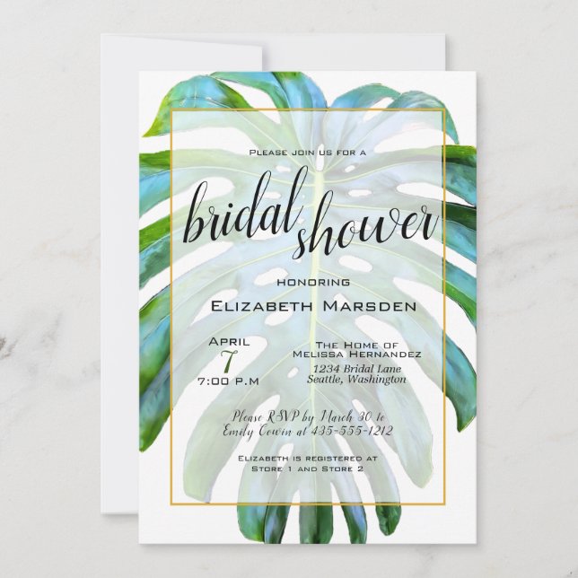 Invitación Hojas Tropicales Elegante Script Ducha Bridal (Anverso)