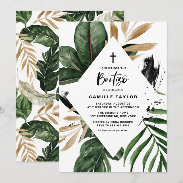 Invitación Hojas tropicales Faux Relieve metalizado dorado Fr (Anverso / Reverso)