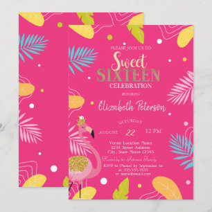 Invitación Hojas Tropicales Flamencos Rosa Sweet 16 