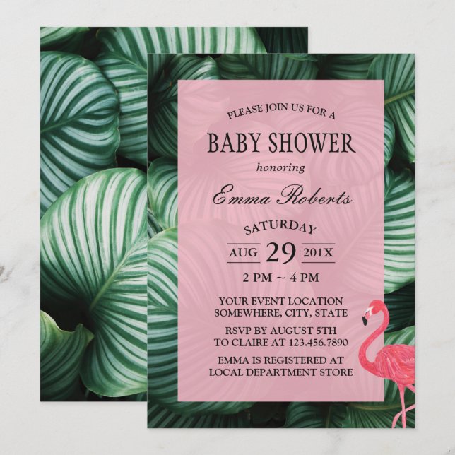 Invitación Hojas tropicales Flamingo Baby Shower (Anverso / Reverso)
