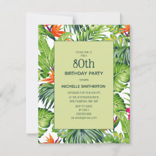 Invitación Hojas Tropicales Floral Rosa Naranja Cumpleaños 80