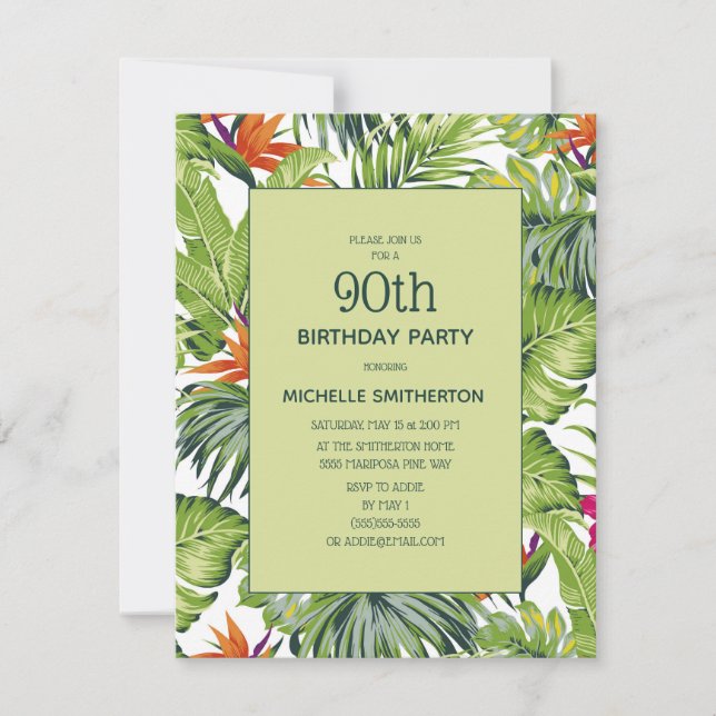 Invitación Hojas Tropicales Floral Rosa Naranja Cumpleaños 90 (Anverso)