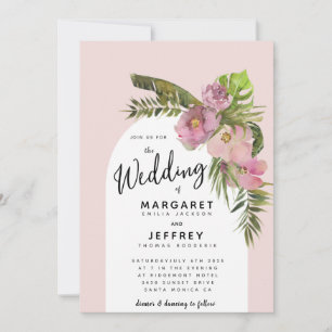 Invitación Hojas Tropicales Floral Rosa Polvo Púrpura Boda