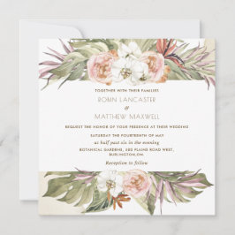 Invitación Hojas Tropicales Florales, Boda Cuadrado De Crema