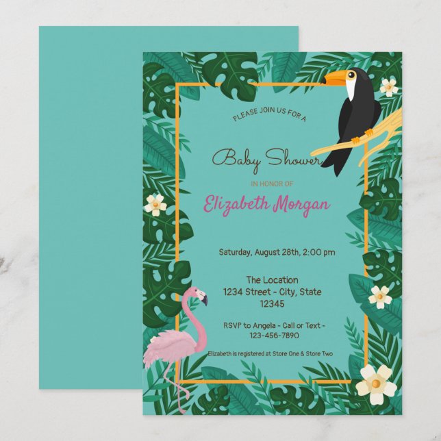 Invitación Hojas tropicales, flores, Baby Shower de flamenco (Anverso / Reverso)