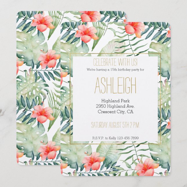 Invitación Hojas tropicales Hibiscus Floral acuarela (Anverso / Reverso)