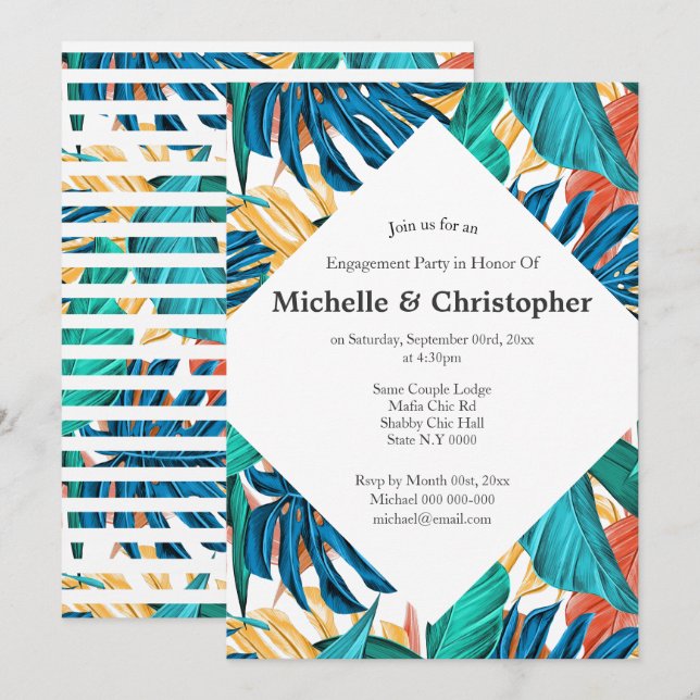 Invitación Hojas tropicales isla de verano, aloha, colorido (Anverso / Reverso)