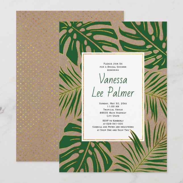 Invitación Hojas tropicales kraft papel boda ducha de novia (Anverso / Reverso)