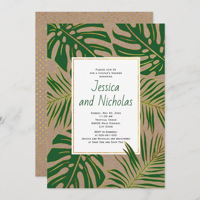 Invitación Hojas tropicales kraft papel parejas bodas ducha (Anverso / Reverso)