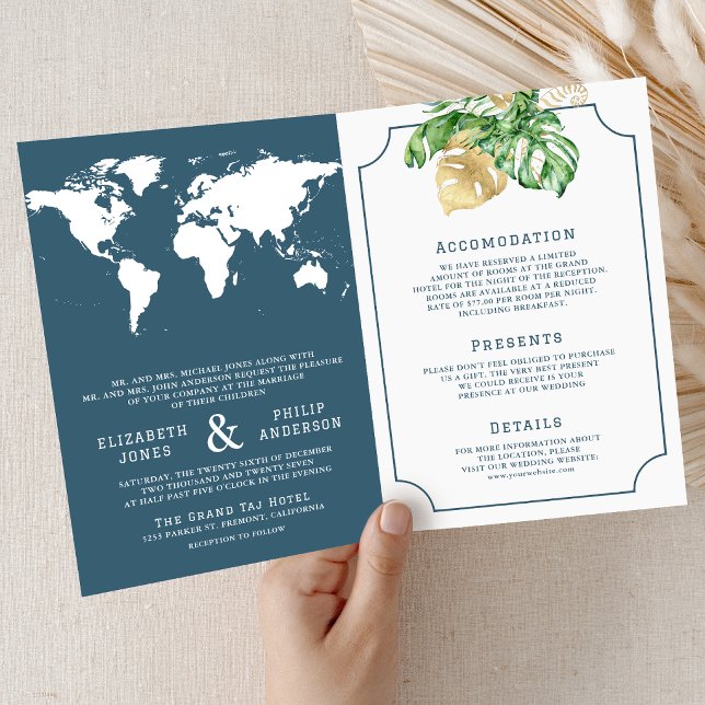 Invitación Hojas Tropicales Mapa Azul Polvoriento Todo en Uno (Subido por el creador)