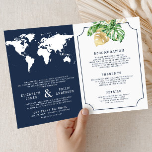 Invitación Hojas Tropicales Mapa Mundial Naval Todo en Uno Bo