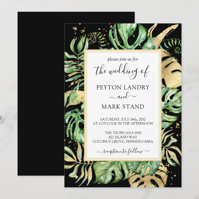 Invitación Hojas tropicales marco negro y dorado Boda moderno (Anverso / Reverso)