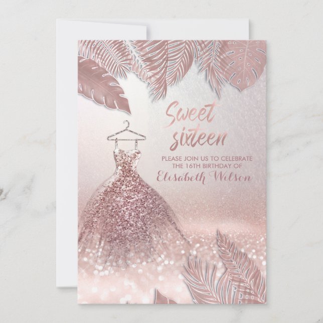 Invitación Hojas tropicales moda Rosa vestido purpurinoso de  (Anverso)