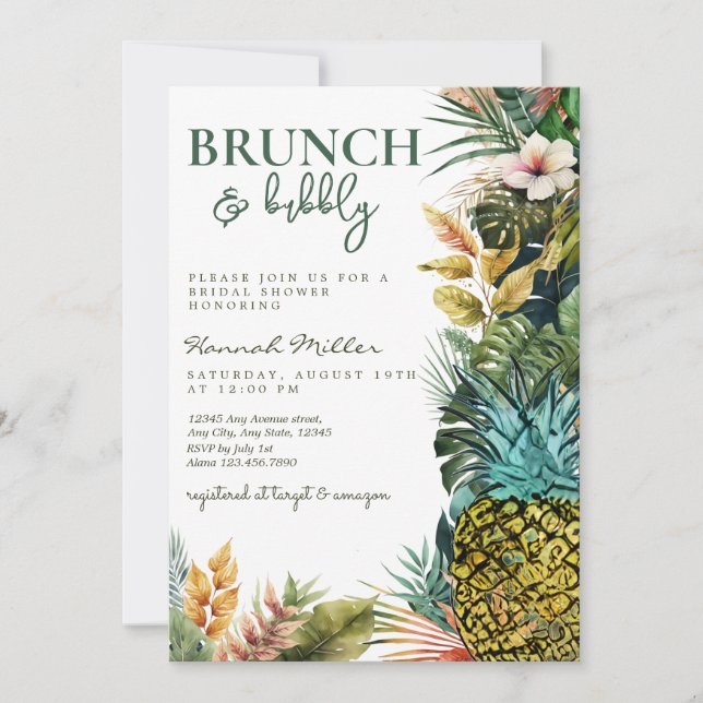 Invitación Hojas tropicales | Piña | Bridal Shower Brunch (Anverso)