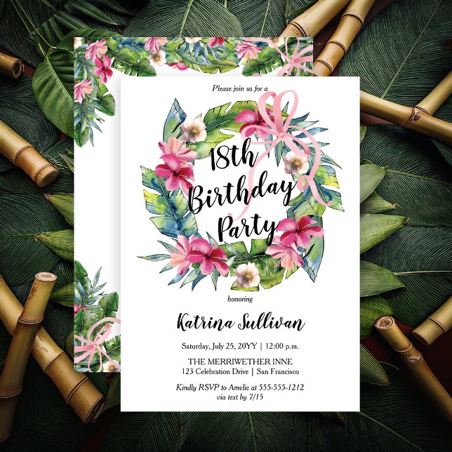 Invitación Hojas tropicales | Pink Floral 18th Birthday Party (Boho Tropical Hibiscus and Greenery with Pink Coquette Bow 18th Birthday Party Invitation )