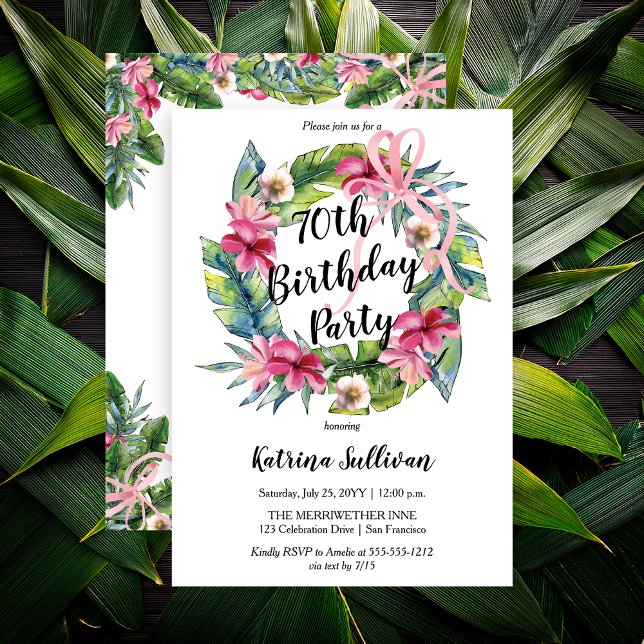 Invitación Hojas tropicales | Pink Floral 70th Birthday Party (Boho Pink Hibiscus and Tropical Leaves with Pink Coquette Bow 70th Birthday Party Invitation)