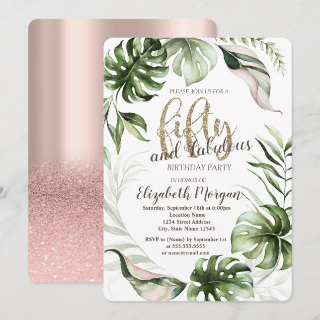 Invitación Hojas Tropicales Rosa Dorado Cumpleaños 50 (Anverso / Reverso)