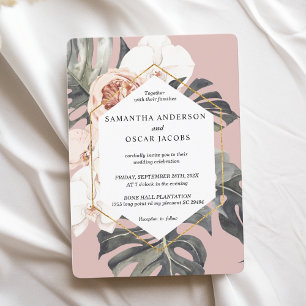 Invitación Hojas tropicales rosadas florales modernas y orquí
