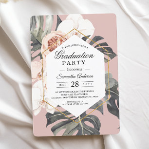 Invitación Hojas tropicales rosadas florales modernas y orquí