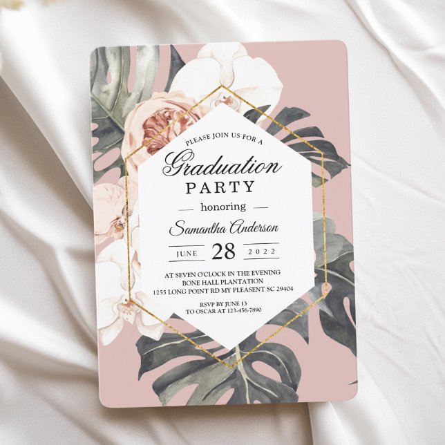 Invitación Hojas tropicales rosadas florales modernas y orquí (Subido por el creador)