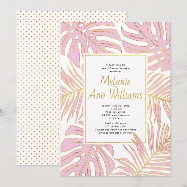 Invitación Hojas tropicales rosas boda ducha de novia (Anverso / Reverso)