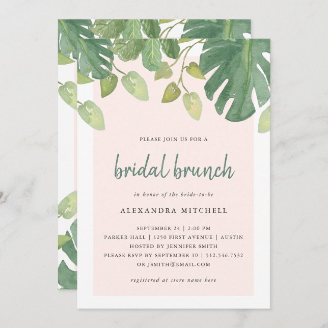 Invitación Hojas tropicales | Rubor y Green Bridal Brunch (Anverso / Reverso)