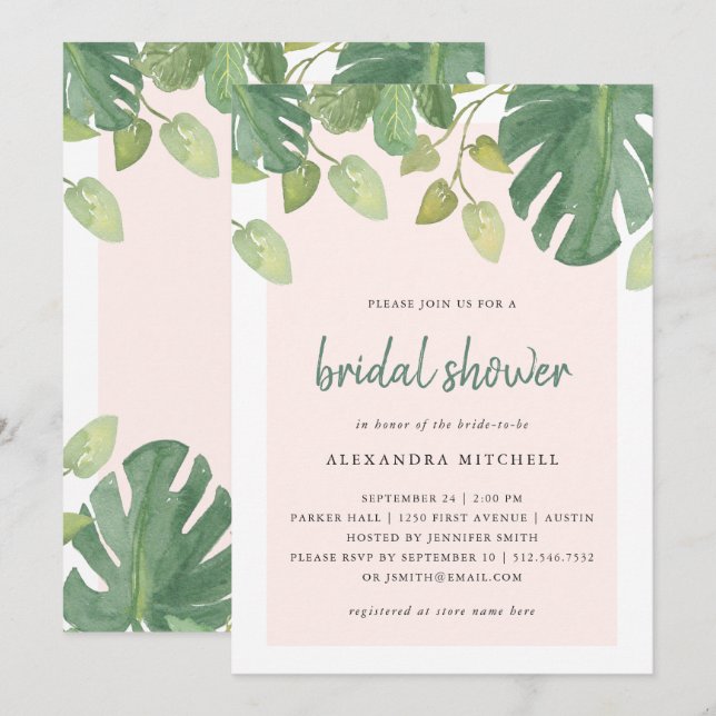 Invitación Hojas tropicales| Rubor y Green Bridal Shower (Anverso / Reverso)