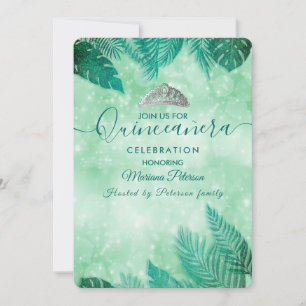 Invitación Hojas tropicales tiara verde verano Quinceañera