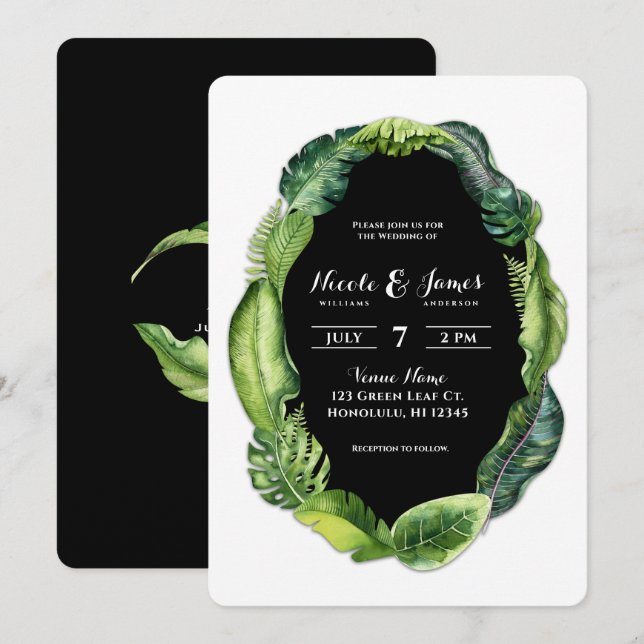 Invitación Hojas Tropicales Verde Clase Elegante Boda (Anverso / Reverso)