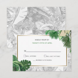 Invitación hojas tropicales verde dorado botánico rsvp